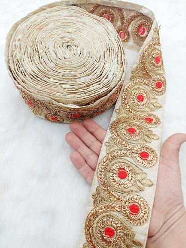 Beige Silk Fabric Trim, Gold Floral Embroidery Indian Sari Border Trim By Yard Decorative Trim Craft Lace